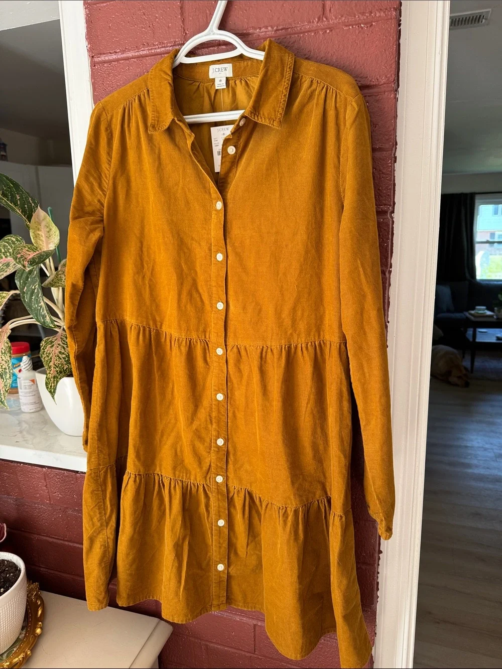 J. Crew NWT Mustard Yellow 100% Cotton Corduroy Tiered Button-Front Dress Size 8
